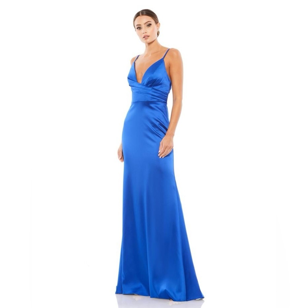 Mac Duggal Royal Blue Satin V-Neck Prom Gown